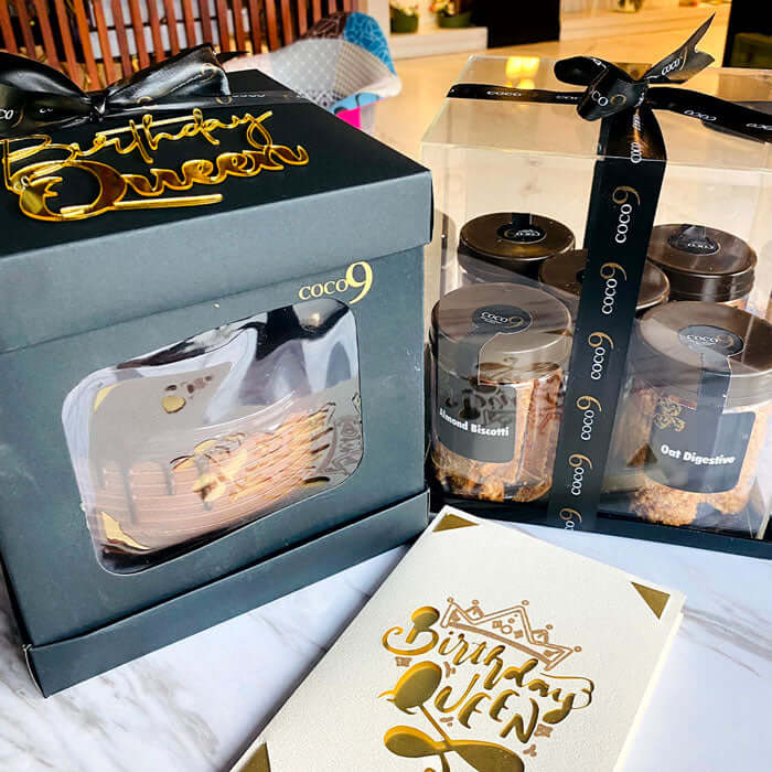 Birthday Queen Gift #1 (Cake + Cookie Box (Acrylic Packaging) + Card)
