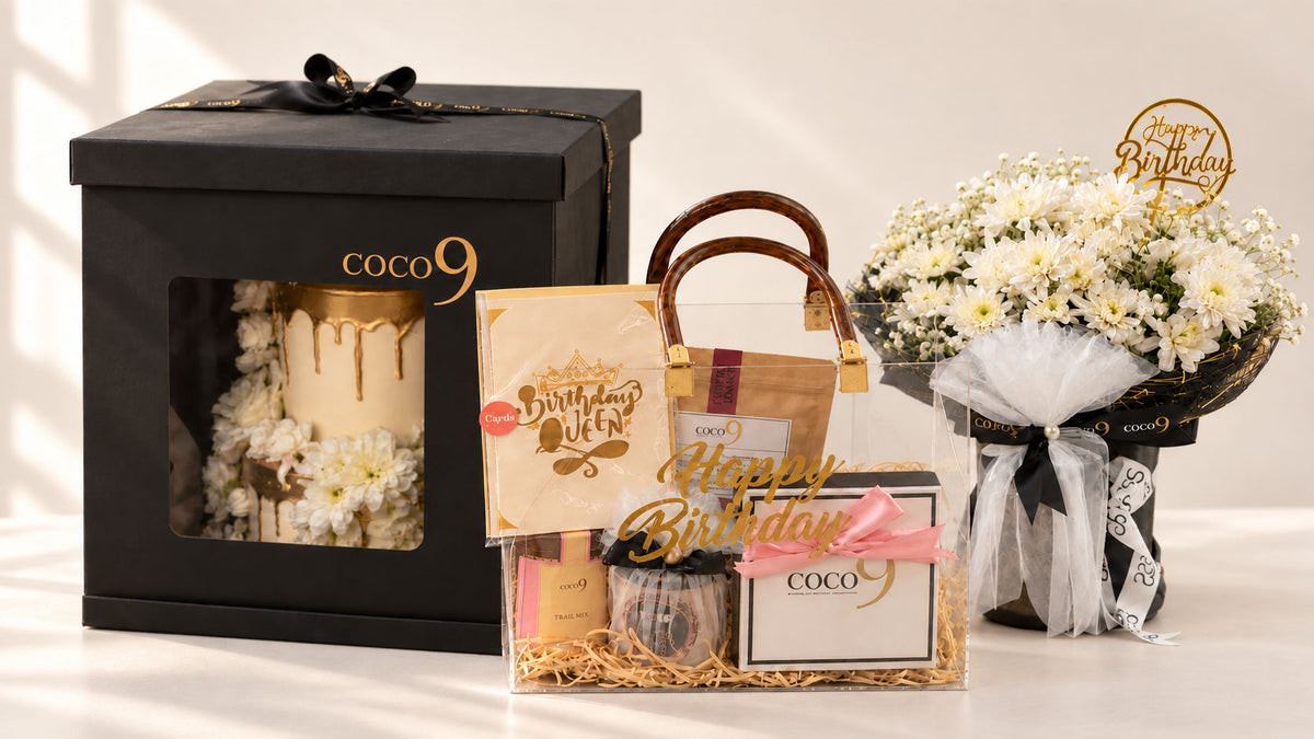 A table of Coco 9 gifts, wrapped and ready to send.
