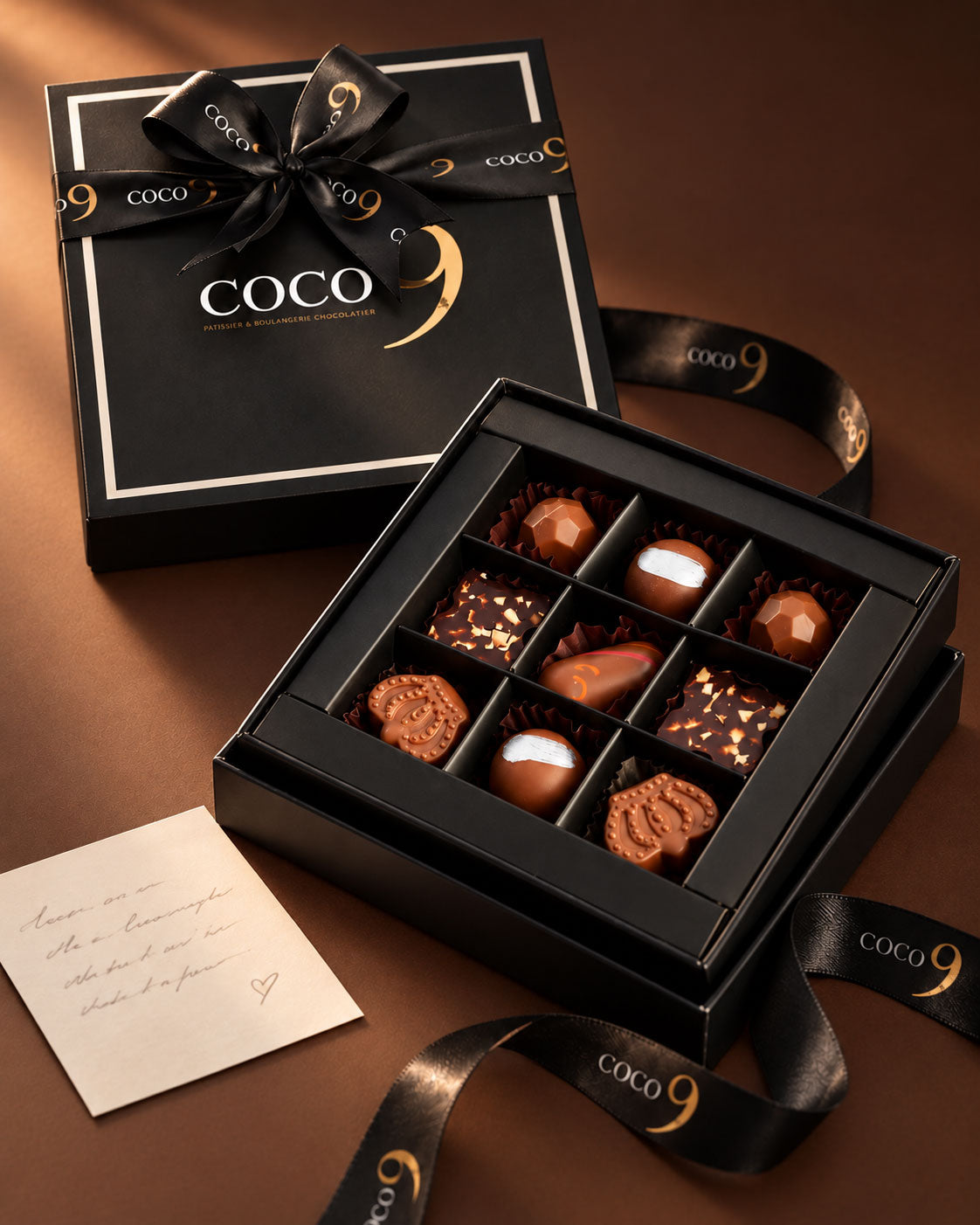 The finished Coco 9 box: lid lifted, gold lettering catching light, ribbon and printed card in frame, on the cacao table. Portrait.