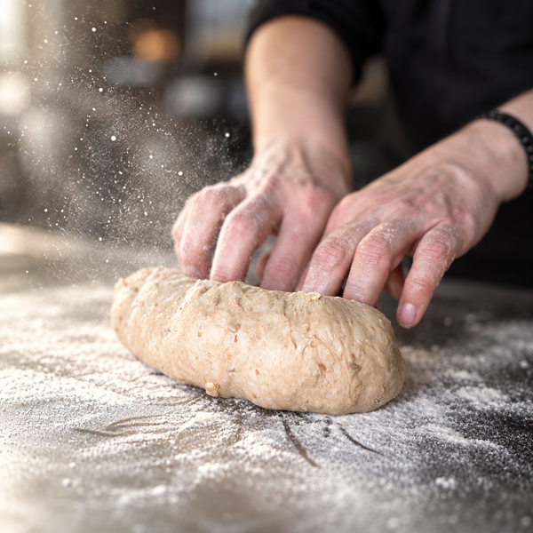 Hands shaping dough, flour in the light